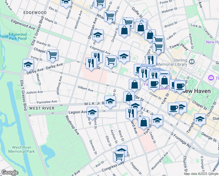 map of restaurants, bars, coffee shops, grocery stores, and more near 554 George Street in New Haven