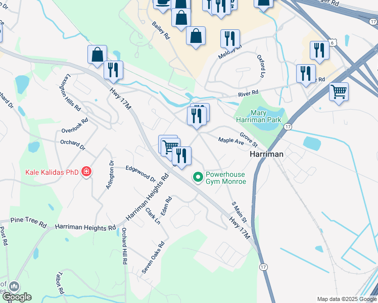 map of restaurants, bars, coffee shops, grocery stores, and more near 11 Church Street in Harriman