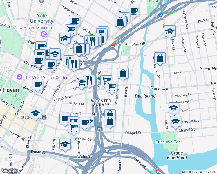 map of restaurants, bars, coffee shops, grocery stores, and more near 630 Grand Avenue in New Haven