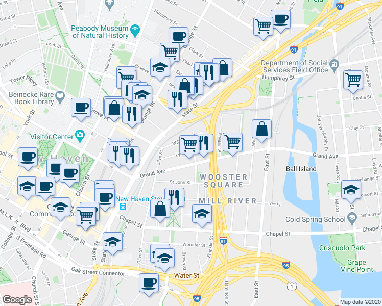 map of restaurants, bars, coffee shops, grocery stores, and more near 44 Lyon Street in New Haven