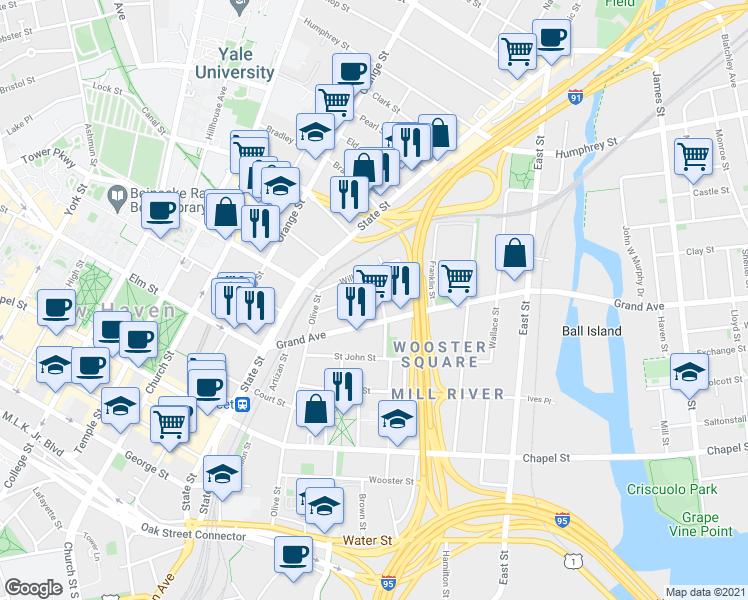 map of restaurants, bars, coffee shops, grocery stores, and more near 44 Lyon Street in New Haven
