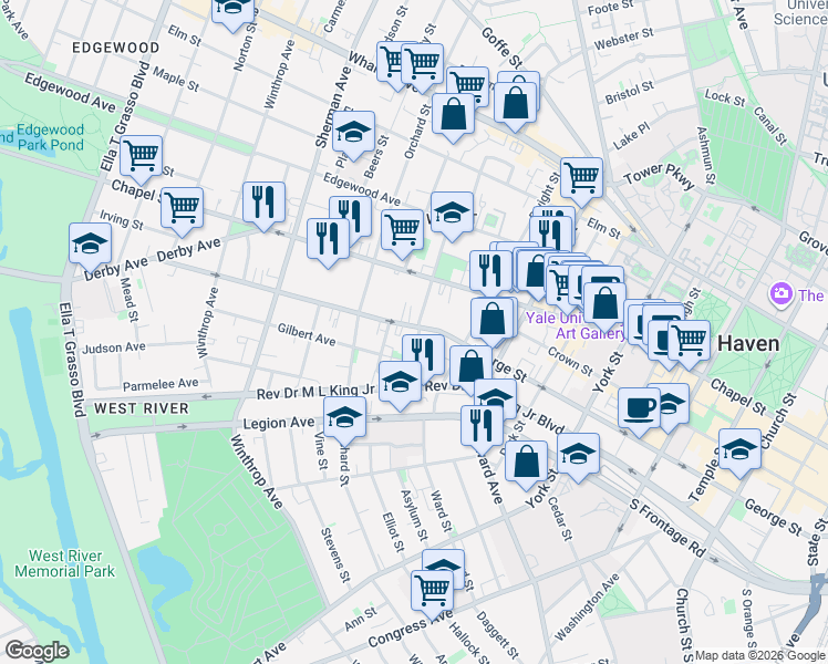 map of restaurants, bars, coffee shops, grocery stores, and more near 554 George Street in New Haven