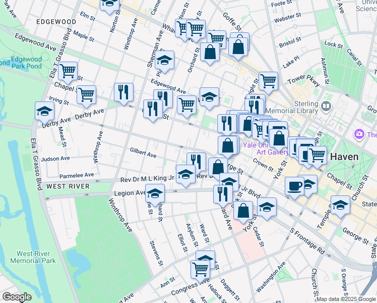 map of restaurants, bars, coffee shops, grocery stores, and more near 554 George Street in New Haven