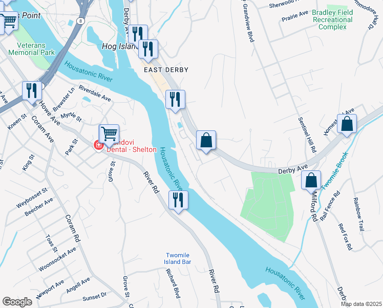 map of restaurants, bars, coffee shops, grocery stores, and more near 25 Commodore Commons Court in Derby