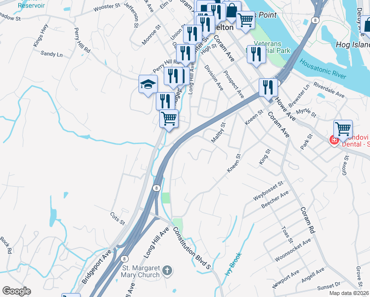 map of restaurants, bars, coffee shops, grocery stores, and more near 4 Wakelee Terrace in Shelton