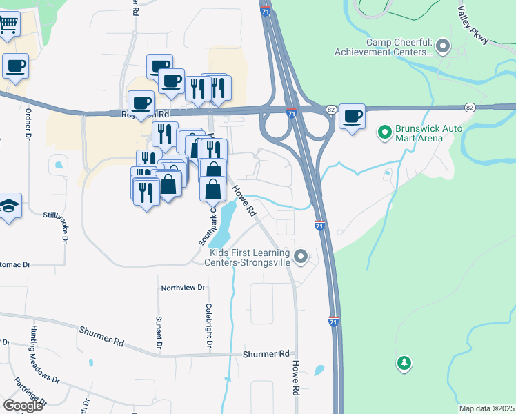 map of restaurants, bars, coffee shops, grocery stores, and more near 14728 Lenox Drive in Strongsville