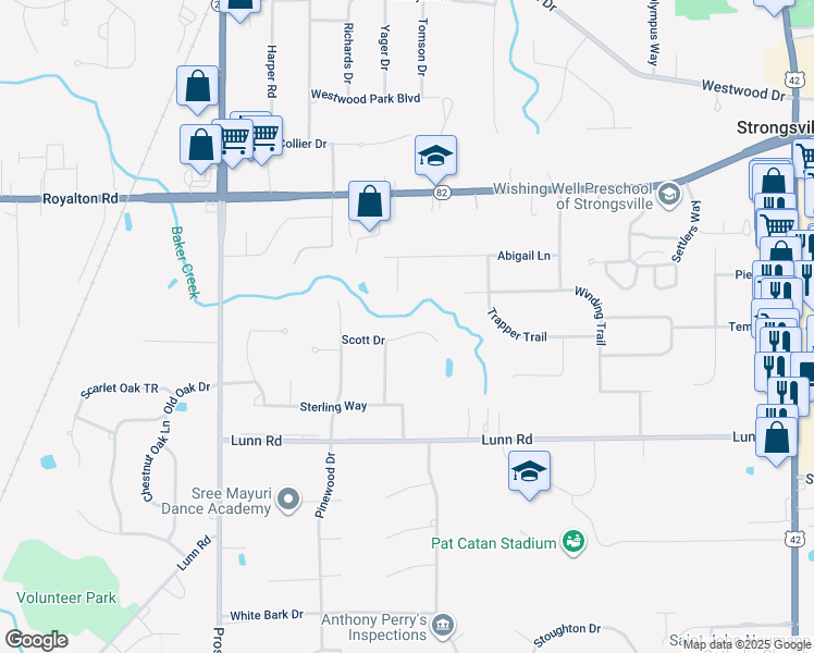 map of restaurants, bars, coffee shops, grocery stores, and more near 20328 Scott Drive in Strongsville