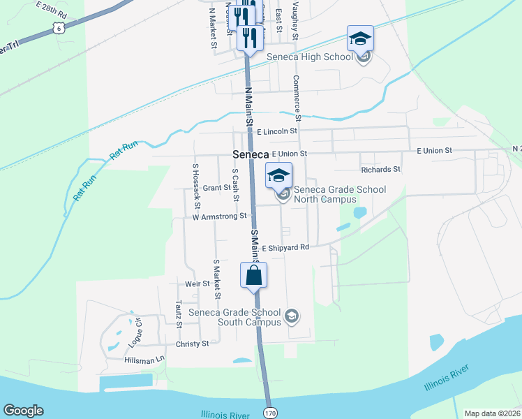 map of restaurants, bars, coffee shops, grocery stores, and more near 112 New Street in Seneca
