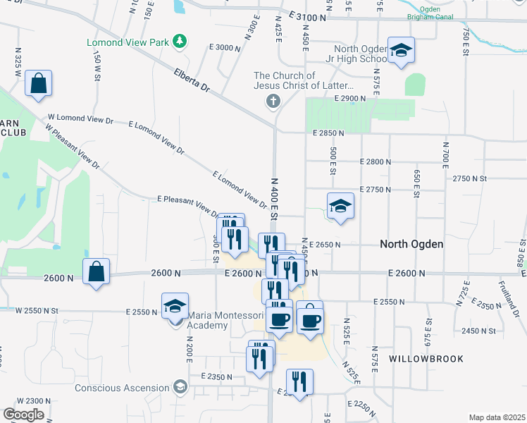 map of restaurants, bars, coffee shops, grocery stores, and more near 2707 North Washington Road Boulevard in North Ogden