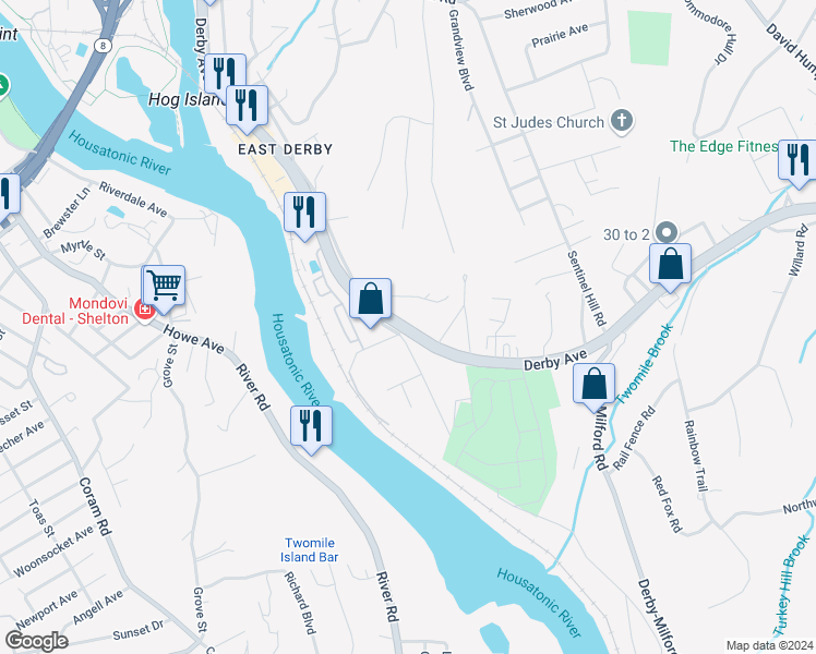 map of restaurants, bars, coffee shops, grocery stores, and more near 170 New Haven Avenue in Derby