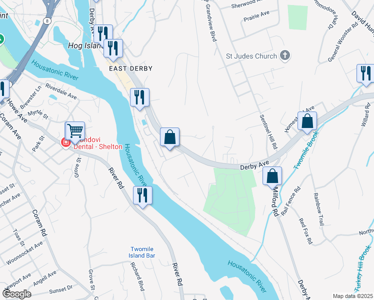 map of restaurants, bars, coffee shops, grocery stores, and more near 170 New Haven Avenue in Derby