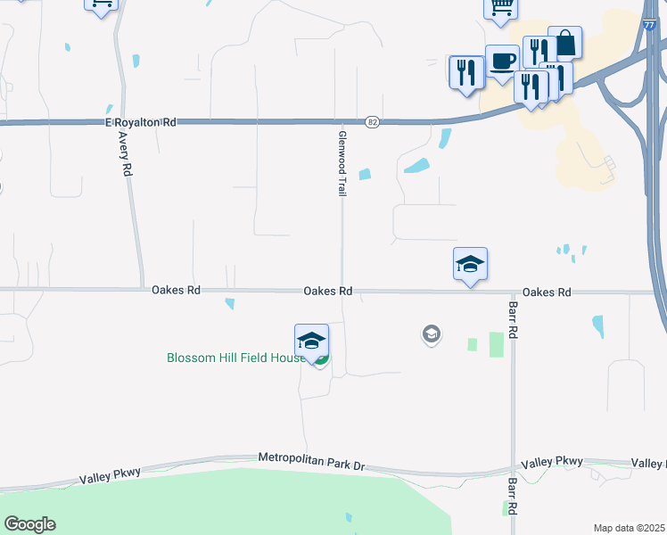 map of restaurants, bars, coffee shops, grocery stores, and more near 9330 Glenwood Trail in Brecksville