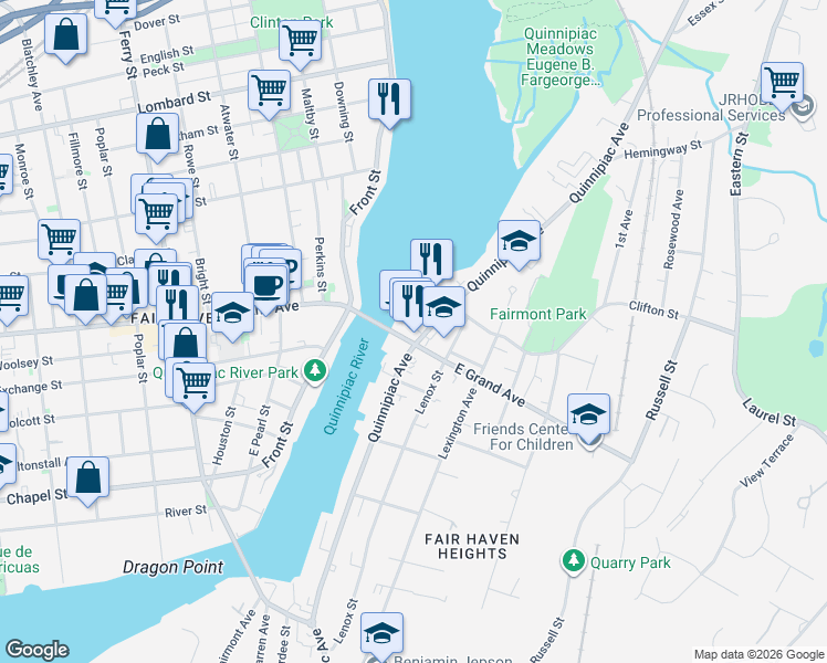 map of restaurants, bars, coffee shops, grocery stores, and more near 22 East Grand Avenue in New Haven