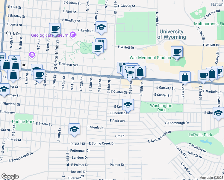 map of restaurants, bars, coffee shops, grocery stores, and more near 1507 East Custer Street in Laramie