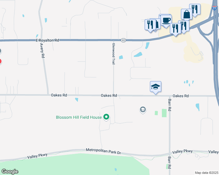 map of restaurants, bars, coffee shops, grocery stores, and more near 9330 Glenwood Trail in Brecksville