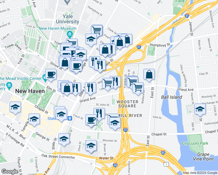 map of restaurants, bars, coffee shops, grocery stores, and more near 36 Lyon Street in New Haven