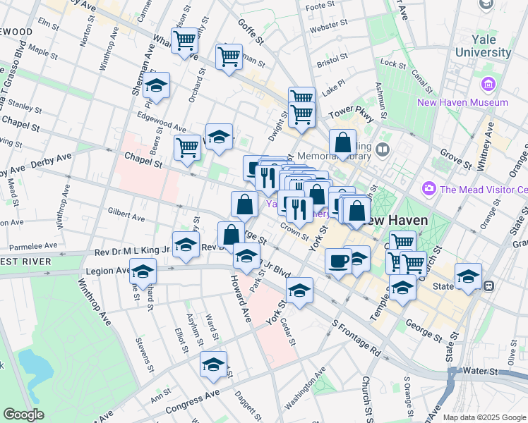 map of restaurants, bars, coffee shops, grocery stores, and more near 416 Crown Street in New Haven