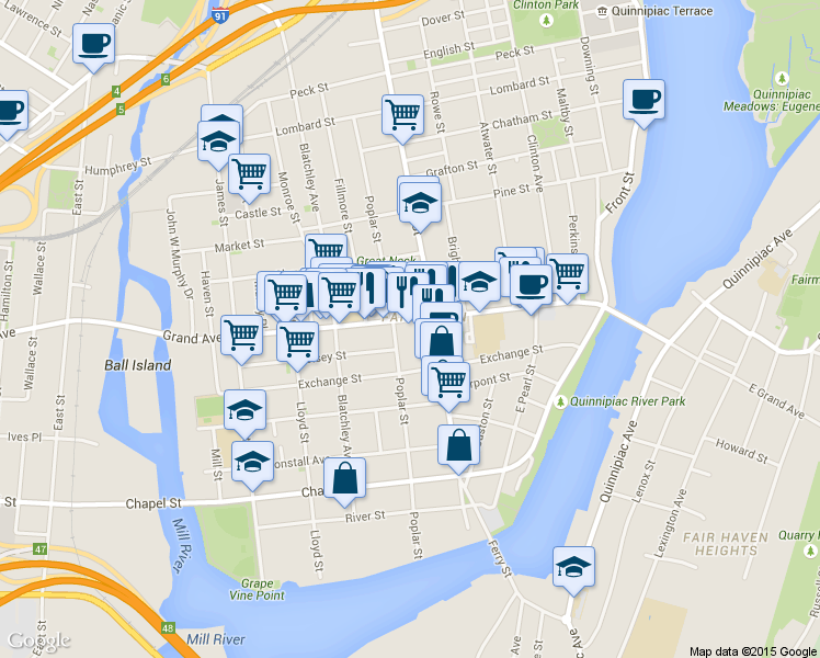 map of restaurants, bars, coffee shops, grocery stores, and more near 218 Grand Avenue in New Haven