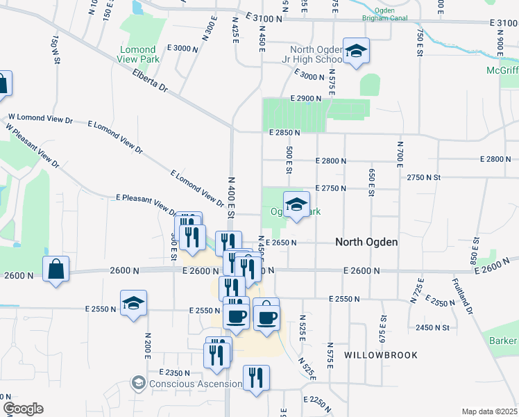 map of restaurants, bars, coffee shops, grocery stores, and more near 2711 Lakeview Drive in North Ogden