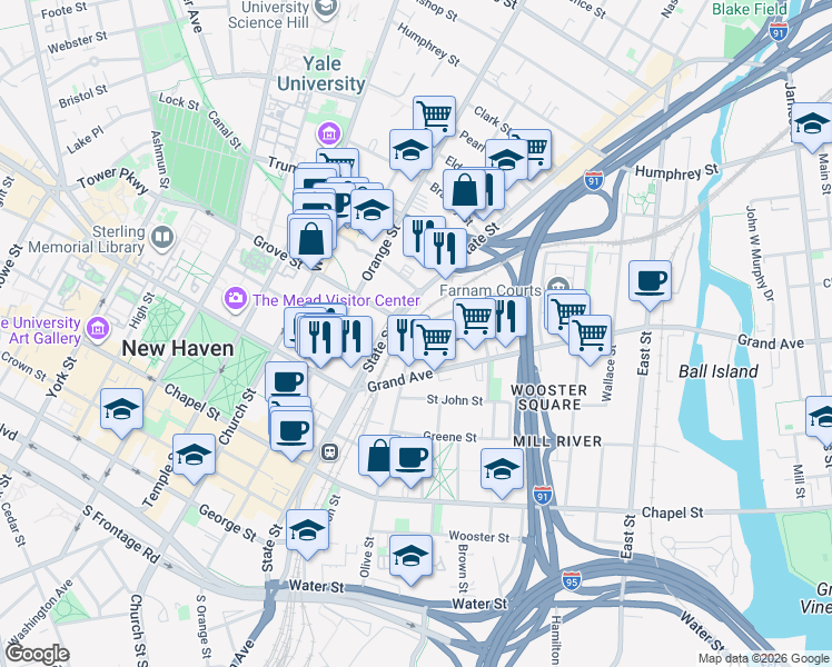map of restaurants, bars, coffee shops, grocery stores, and more near 171 Olive Street in New Haven