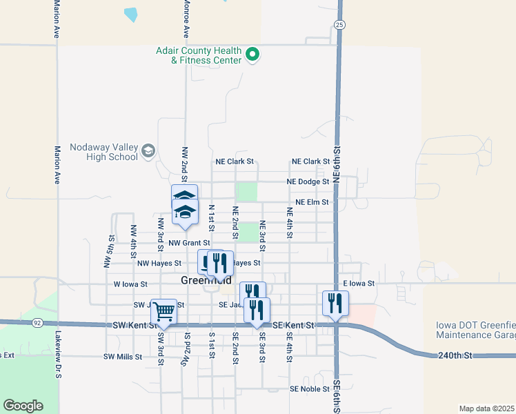 map of restaurants, bars, coffee shops, grocery stores, and more near 212 Northeast Elm Street in Greenfield