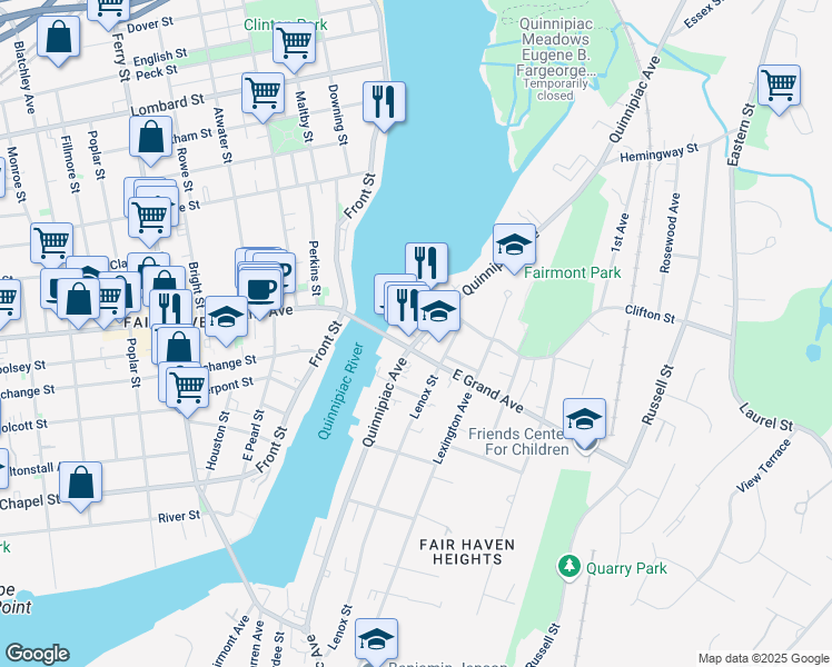 map of restaurants, bars, coffee shops, grocery stores, and more near 22 East Grand Avenue in New Haven