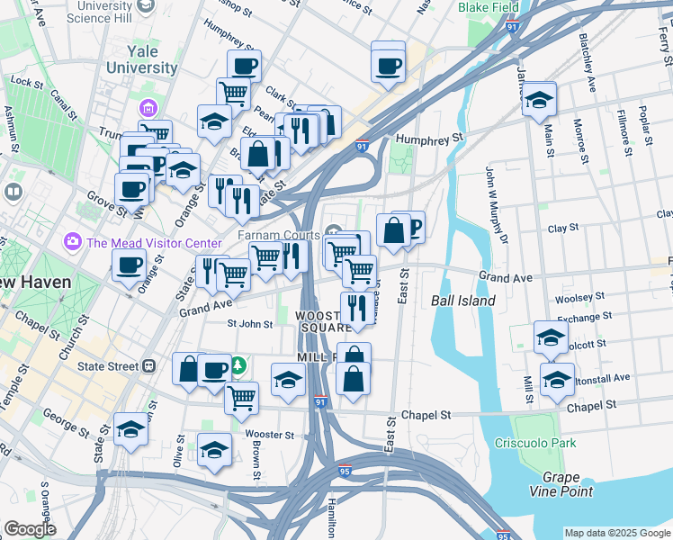 map of restaurants, bars, coffee shops, grocery stores, and more near 662 Grand Avenue in New Haven