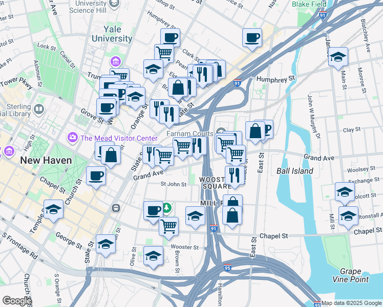map of restaurants, bars, coffee shops, grocery stores, and more near 12 Bradley Street in New Haven