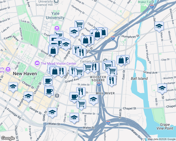 map of restaurants, bars, coffee shops, grocery stores, and more near 44 Lyon Street in New Haven