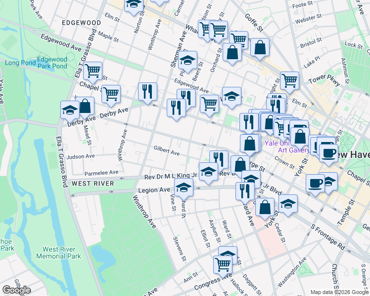 map of restaurants, bars, coffee shops, grocery stores, and more near 255 Orchard Street in New Haven