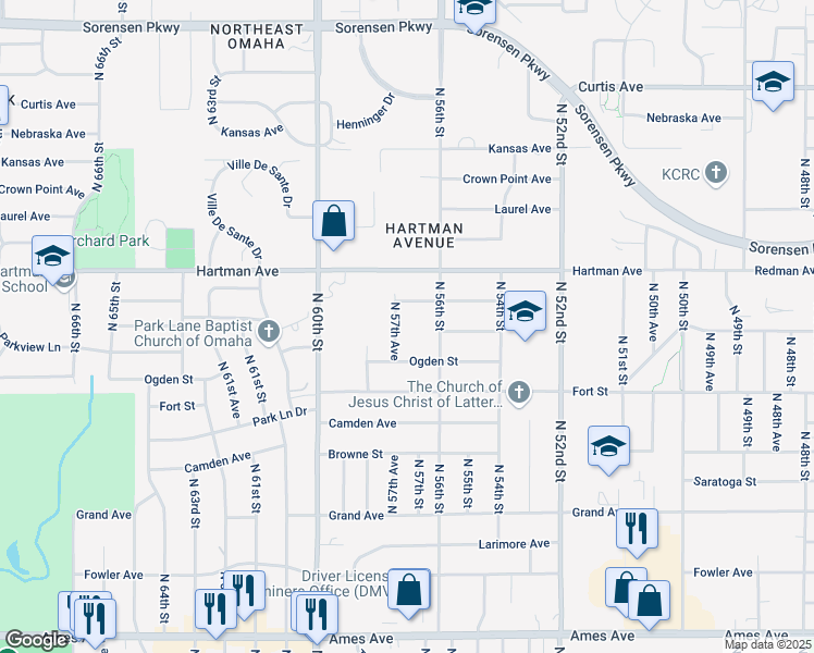 map of restaurants, bars, coffee shops, grocery stores, and more near 5501 North 57th Avenue in Omaha