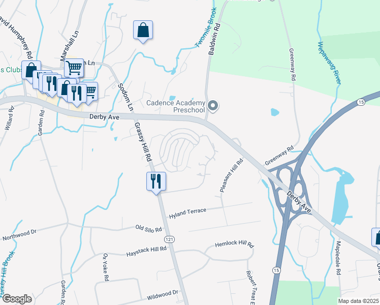 map of restaurants, bars, coffee shops, grocery stores, and more near Sunrise Hill Circle in Orange