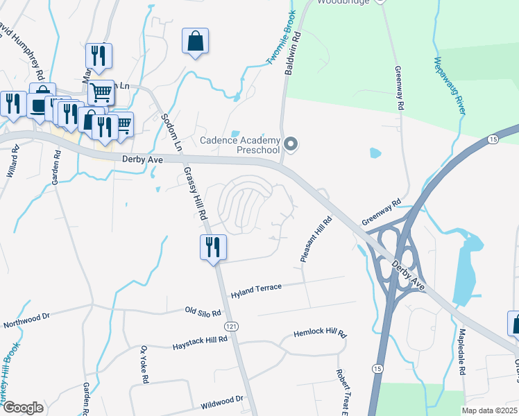 map of restaurants, bars, coffee shops, grocery stores, and more near Sunrise Hill Circle in Orange