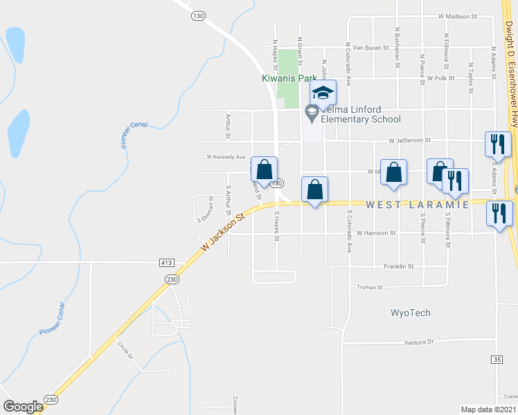 map of restaurants, bars, coffee shops, grocery stores, and more near 2501 West Jackson Street in Laramie
