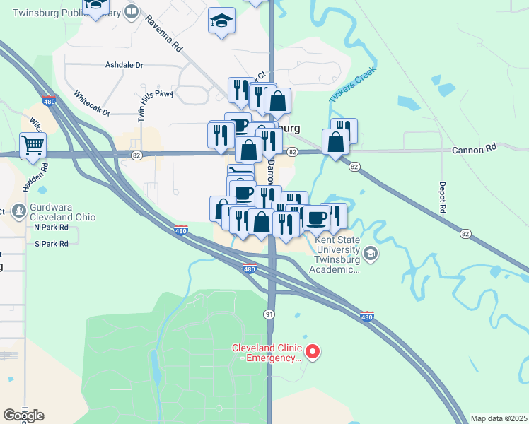 map of restaurants, bars, coffee shops, grocery stores, and more near 8936 Darrow Road in Twinsburg