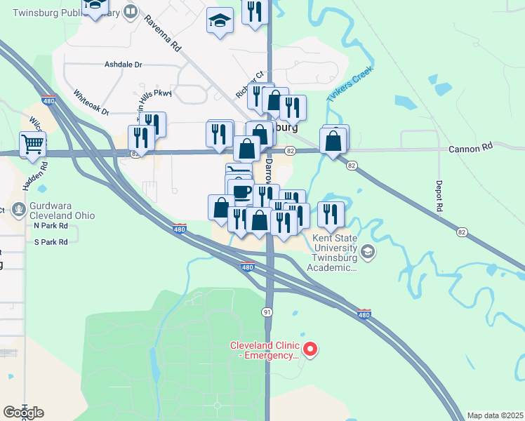 map of restaurants, bars, coffee shops, grocery stores, and more near 8936 Darrow Road in Twinsburg