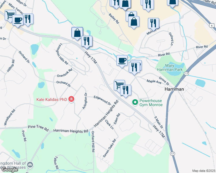 map of restaurants, bars, coffee shops, grocery stores, and more near 98 Harriman Woods Drive in Harriman