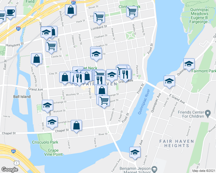 map of restaurants, bars, coffee shops, grocery stores, and more near 182 Grand Avenue in New Haven