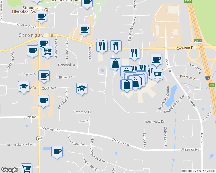map of restaurants, bars, coffee shops, grocery stores, and more near 14683 Settlers Run in Strongsville