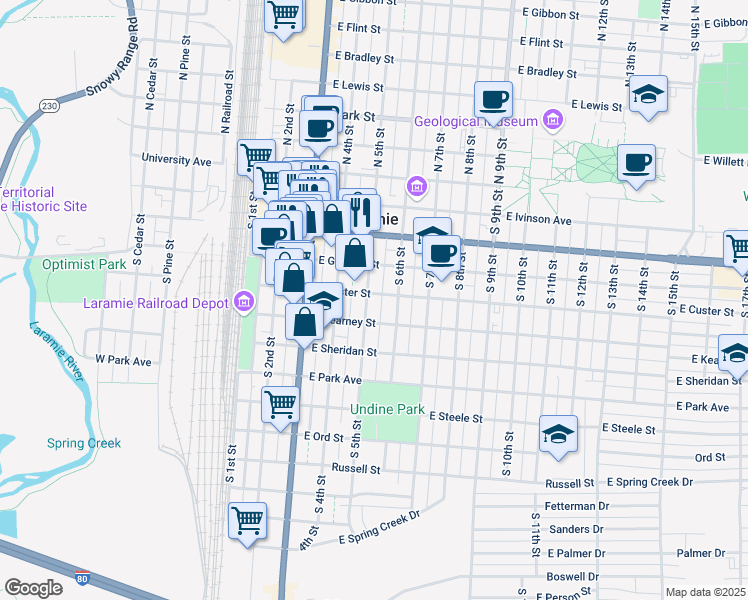 map of restaurants, bars, coffee shops, grocery stores, and more near 501 South 5th Street in Laramie