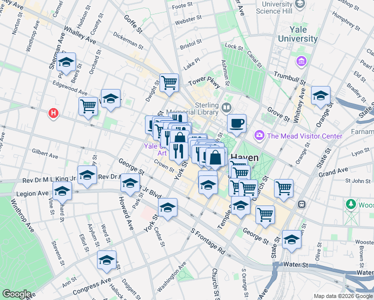 map of restaurants, bars, coffee shops, grocery stores, and more near 180 York Street in New Haven