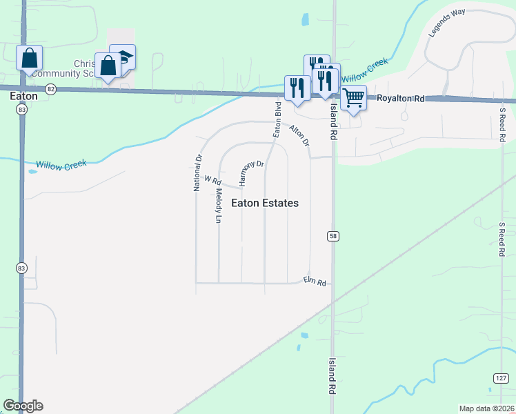map of restaurants, bars, coffee shops, grocery stores, and more near 12395 Harmony Drive in Grafton