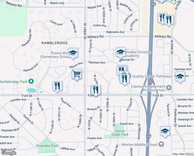 map of restaurants, bars, coffee shops, grocery stores, and more near 5453 North 107th Plaza in Omaha