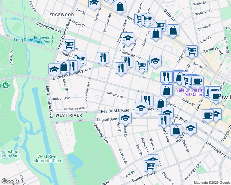 map of restaurants, bars, coffee shops, grocery stores, and more near 152 Greenwood Street in New Haven