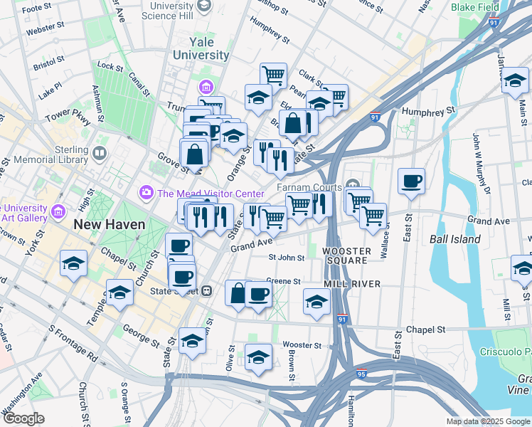 map of restaurants, bars, coffee shops, grocery stores, and more near 83 Lyon Street in New Haven