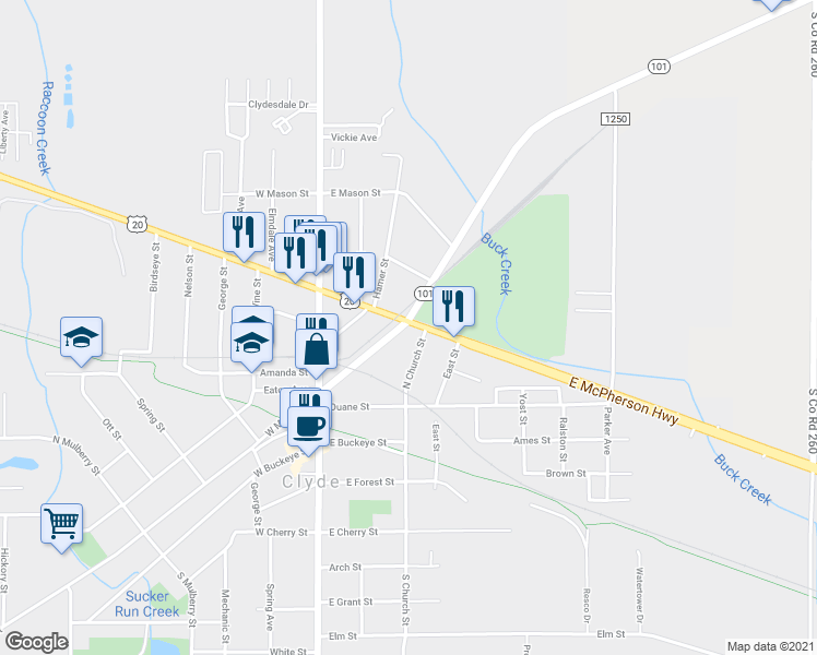 map of restaurants, bars, coffee shops, grocery stores, and more near 300 East McPherson Highway in Clyde