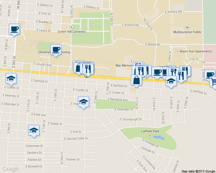 map of restaurants, bars, coffee shops, grocery stores, and more near 421 South 19th Street in Laramie