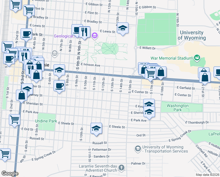 map of restaurants, bars, coffee shops, grocery stores, and more near 401-499 South 13th Street in Laramie