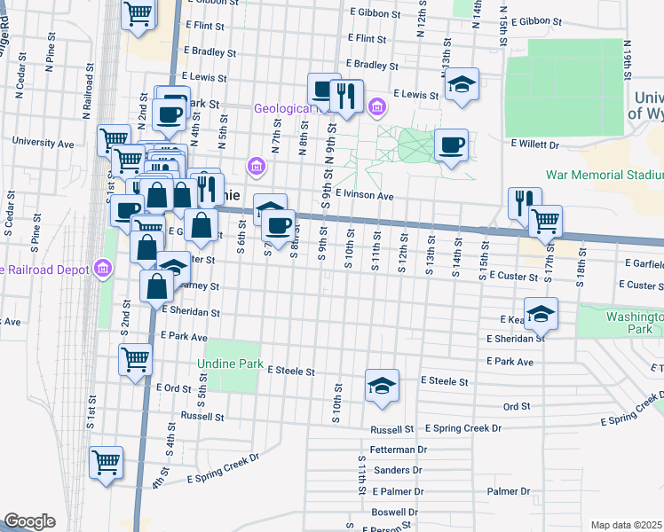 map of restaurants, bars, coffee shops, grocery stores, and more near 502 South 10th Street in Laramie