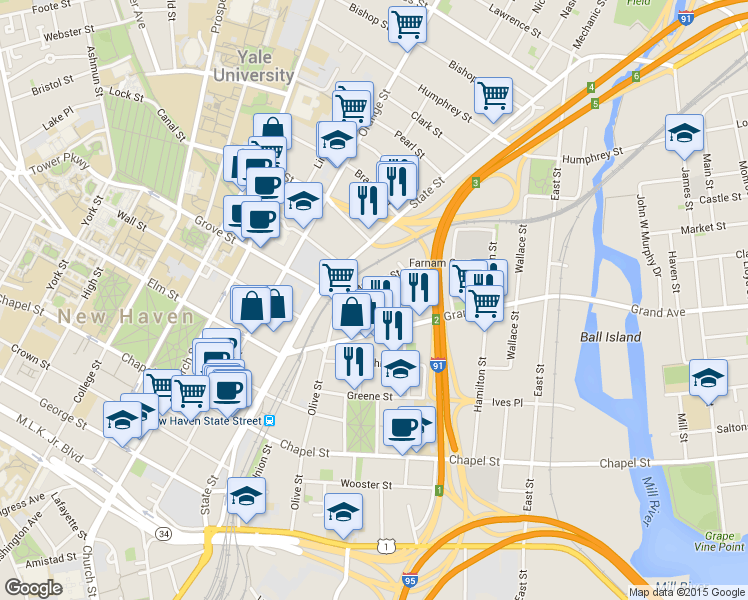 map of restaurants, bars, coffee shops, grocery stores, and more near 44 Lyon Street in New Haven